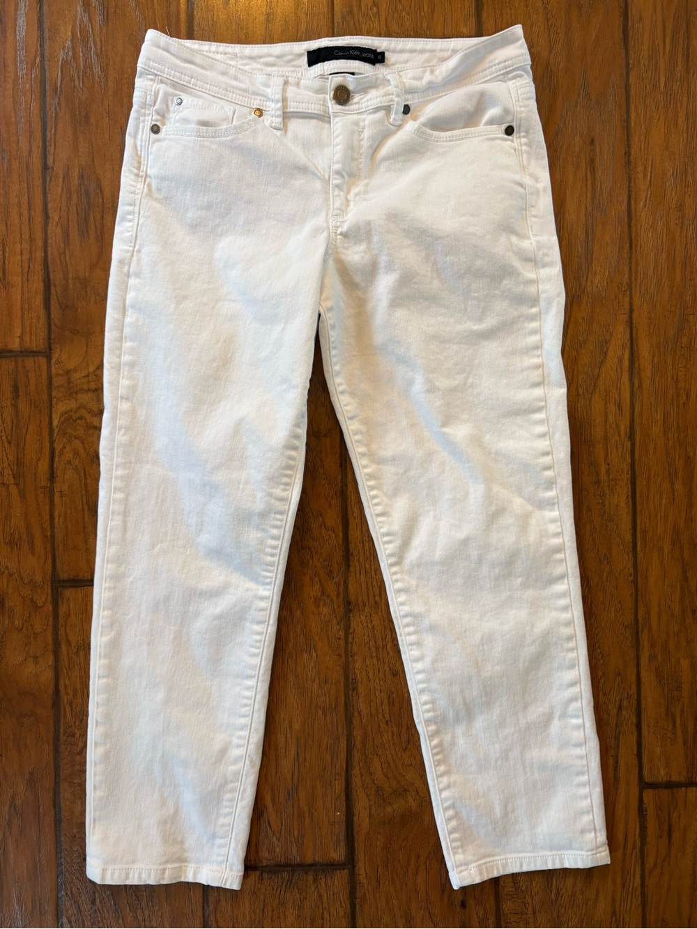 Calvin Klein White Cropped Jeans Slim Straight Mid Rise Denim Coastal Beachy